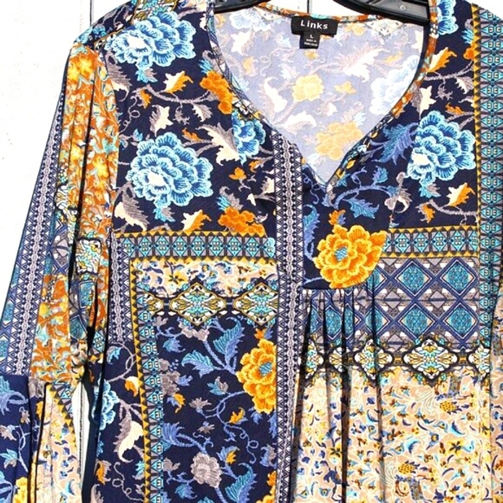 Links Boho Patchwork Floral Blouse Top Size L